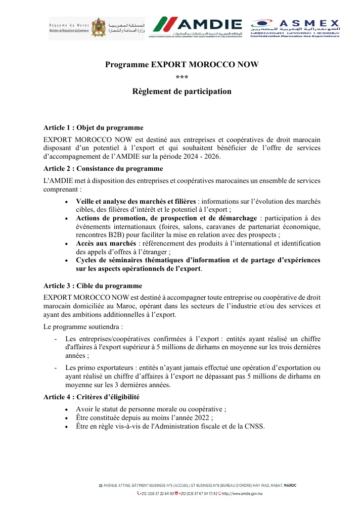 Première page de Export Morocco Now — Règlement de participation AMDIE