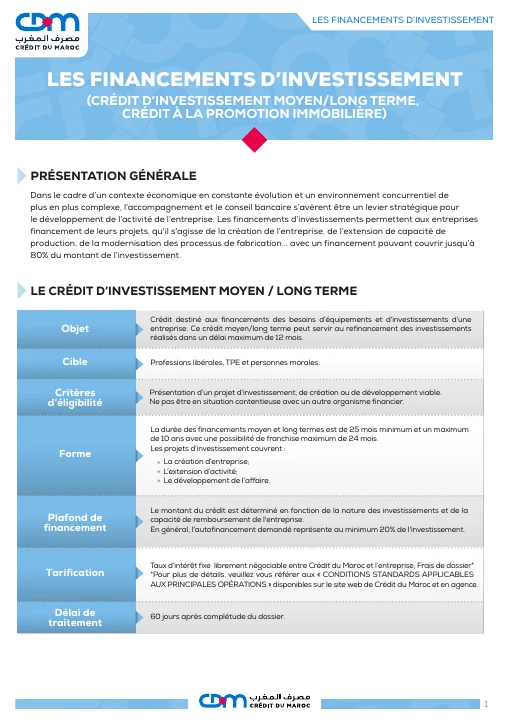 Première page de Crédit du Maroc — Notice des financements d’investissement