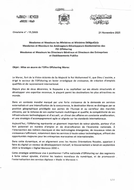 Première page de Offre Offshoring Maroc — Circulaire 15/2025 et annexes